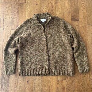 CJ Banks Wool Blend Collared Cardigan Sweater 1X Green Brown Chunky Knit Sweater